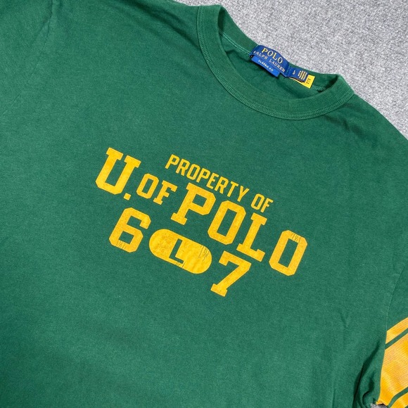 Polo Ralph Lauren Graphic T-SHIRT Green Yellow Distressed Mens L 6 7 University - Picture 1 of 7